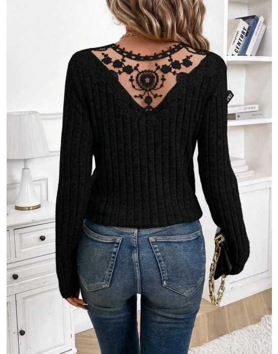 Kadın Uzun Kollu V Yakalı Arkadan Dantel Detaylı şardonlu Kaşkorse Bluz