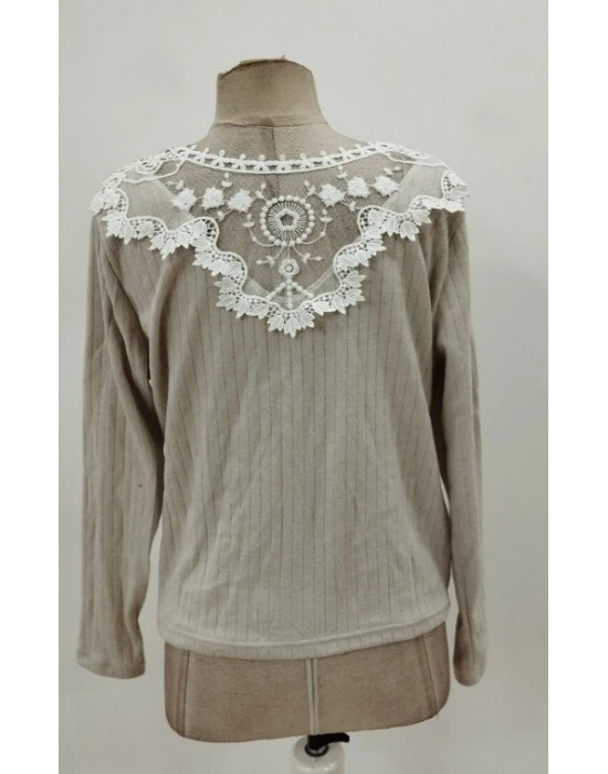 Kadın Uzun Kollu V Yakalı Arkadan Dantel Detaylı şardonlu Kaşkorse Bluz