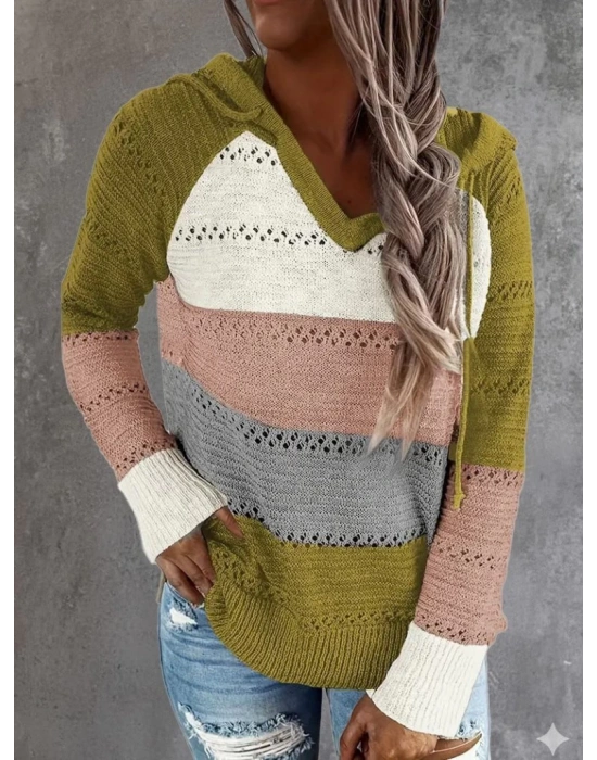 Kadın Uzun Kollu V Yakalı Bağcıklı Kapşonlu Triko Bluz