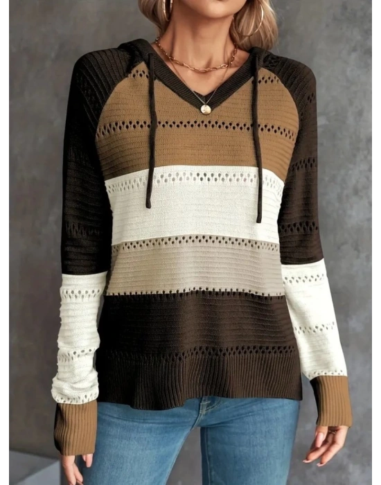Kadın Uzun Kollu V Yakalı Bağcıklı Kapşonlu Triko Bluz