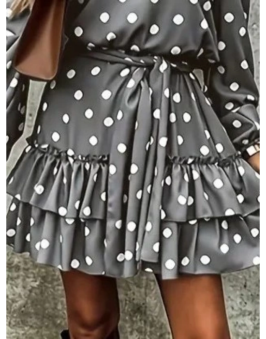 Kadın Uzun Kollu V Yakalı Belden Kuşaklı Puantiyeli Mini Modal Elbise