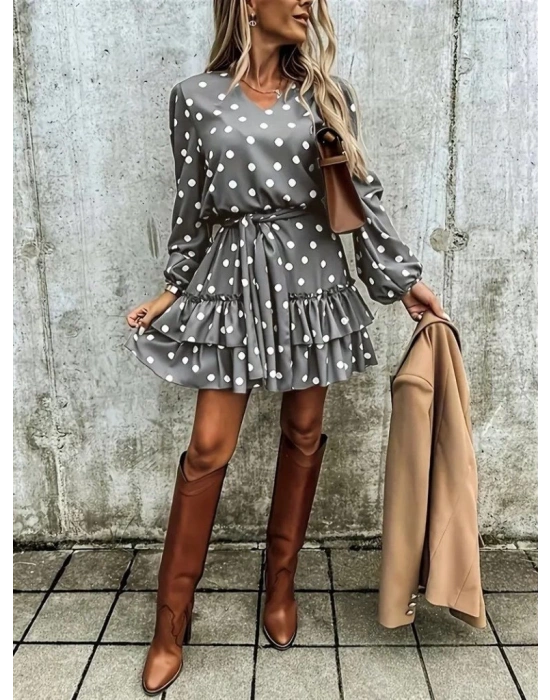 Kadın Uzun Kollu V Yakalı Belden Kuşaklı Puantiyeli Mini Modal Elbise