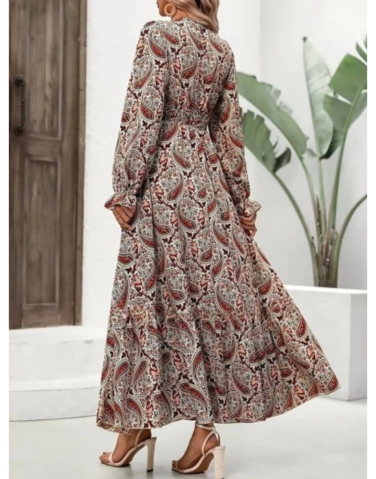 Kadın Uzun Kollu V Yakalı Beli Lastikli Desenli Süprem Elbise