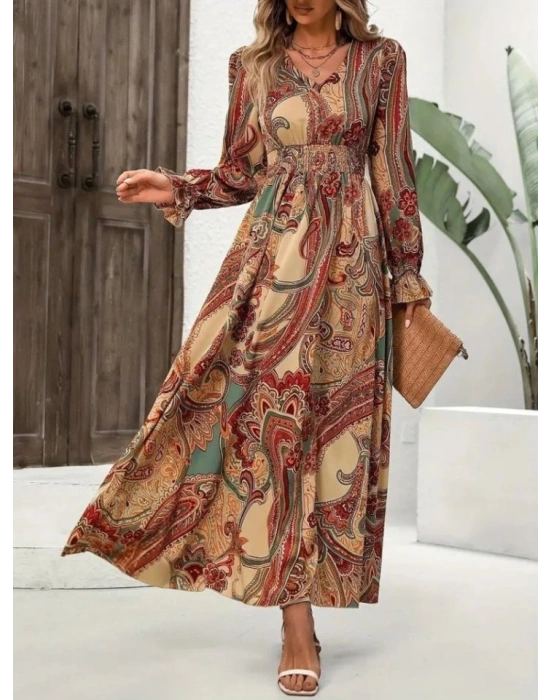 Kadın Uzun Kollu V Yakalı Beli Lastikli Desenli Süprem Elbise