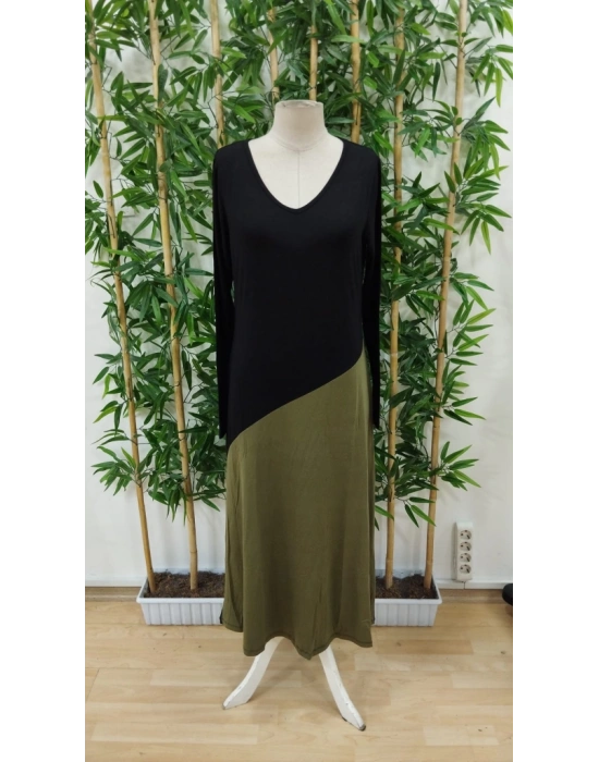 Kadın Uzun Kollu V Yakalı Blok Desenli Viskon Elbise