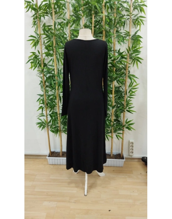 Kadın Uzun Kollu V Yakalı Blok Desenli Viskon Elbise