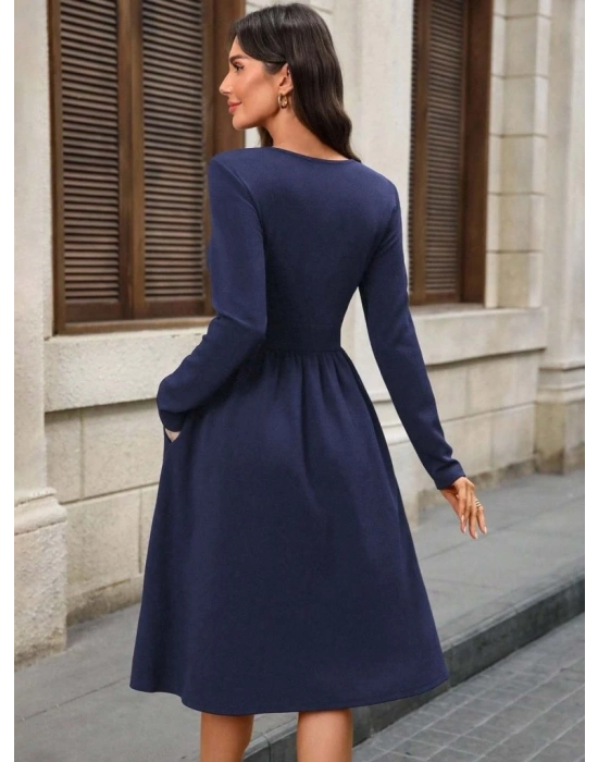 Kadın Uzun Kollu V Yakalı Cepli Midi Ithal Krep Elbise