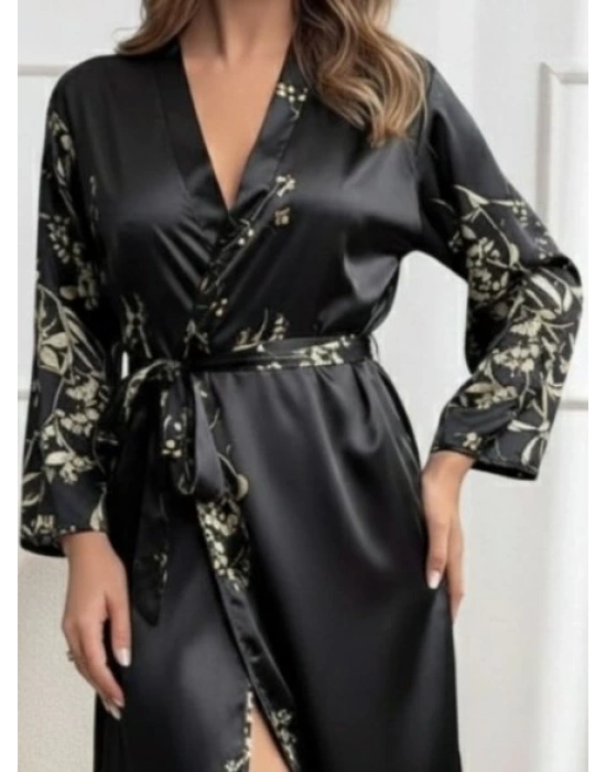 Kadın Uzun Kollu V Yakalı çiçek Baskılı Belden Kuşaklı Midi Saten Gecelik