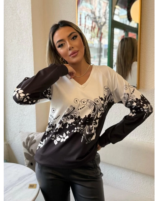 Kadın Uzun Kollu V Yakalı çiçek Baskılı şardonlu Dalgıç Bluz