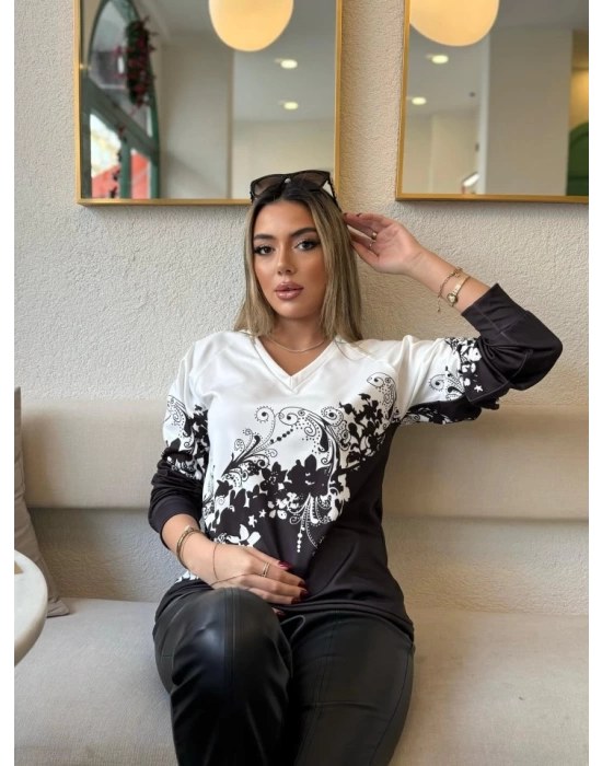 Kadın Uzun Kollu V Yakalı çiçek Baskılı şardonlu Dalgıç Bluz