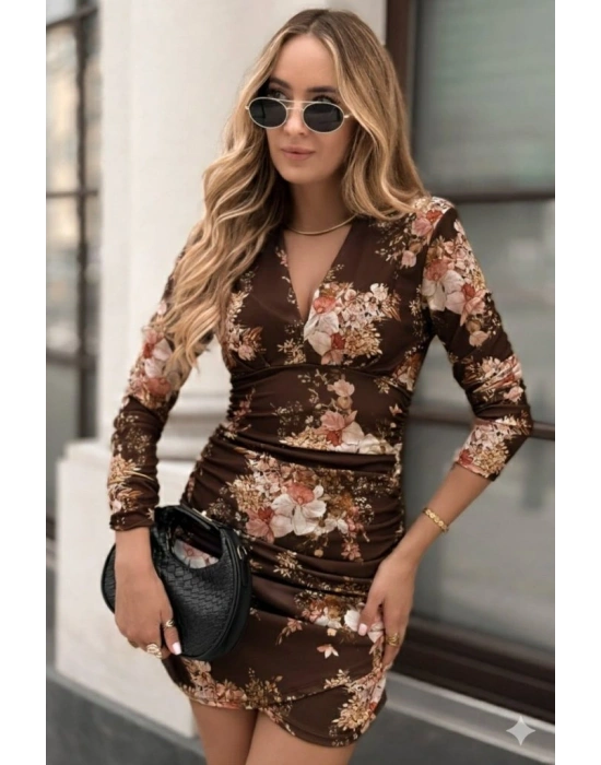 Kadın Uzun Kollu V Yakalı çiçek Desenli Dalgıç Mini Elbise