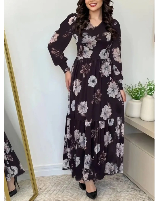 Kadın Uzun Kollu V Yakalı çiçek Desenli Maxi Süprem Elbise