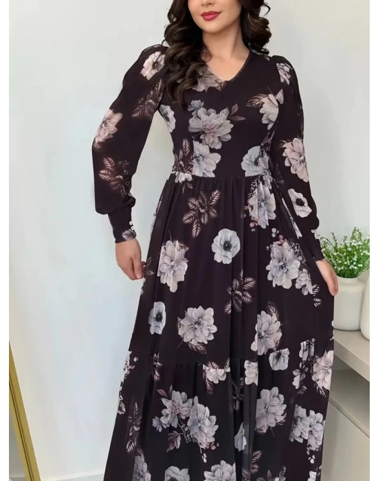 Kadın Uzun Kollu V Yakalı çiçek Desenli Maxi Süprem Elbise