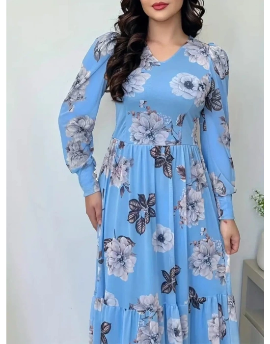 Kadın Uzun Kollu V Yakalı çiçek Desenli Maxi Süprem Elbise