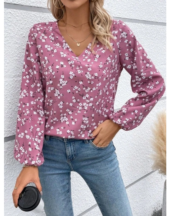 Kadın Uzun Kollu V Yakalı çiçek Desenli Modal Bluz