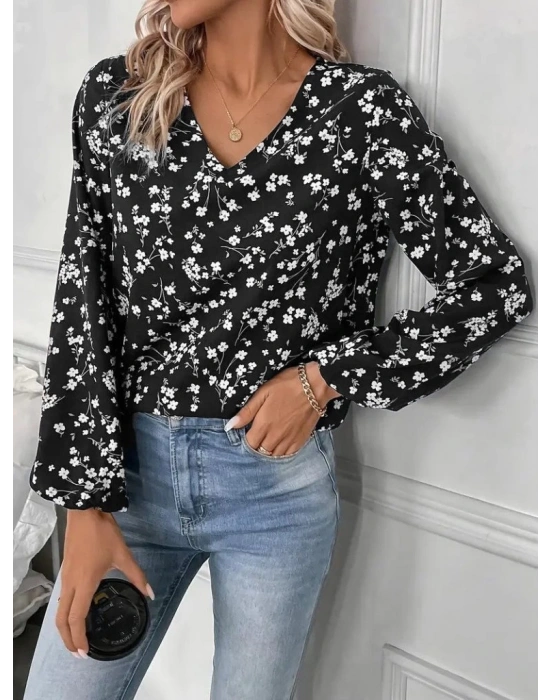 Kadın Uzun Kollu V Yakalı çiçek Desenli Modal Bluz