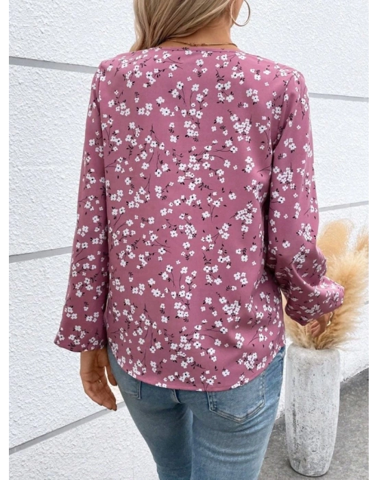 Kadın Uzun Kollu V Yakalı çiçek Desenli Modal Bluz