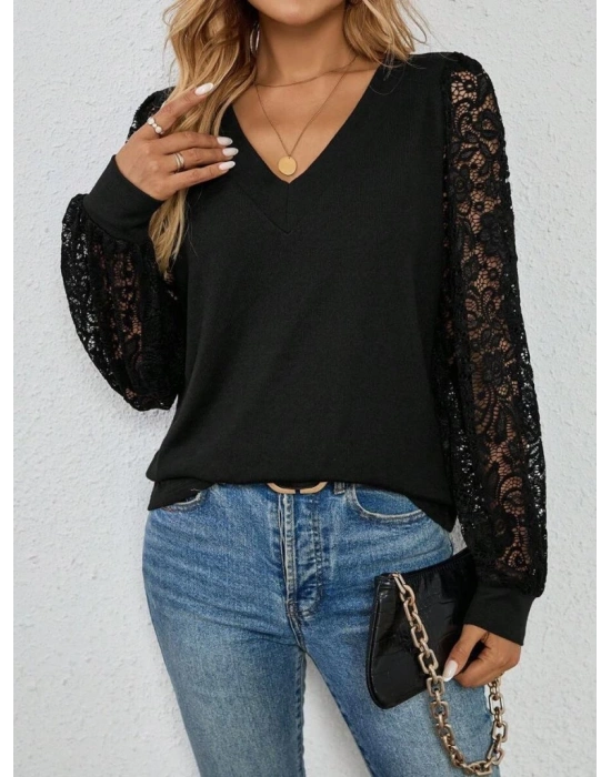 Kadın Uzun Kollu V Yakalı Dantelli Viskon Iki Iplik Bluz