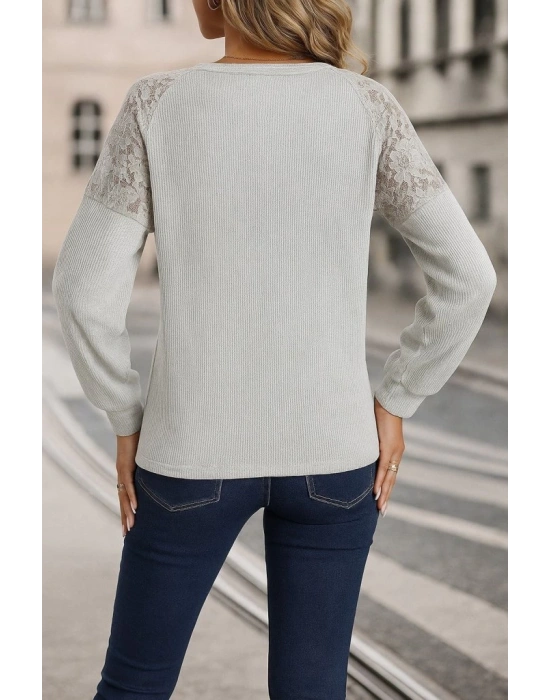 Kadın Uzun Kollu V Yakalı Dantelli Waffle Bluz