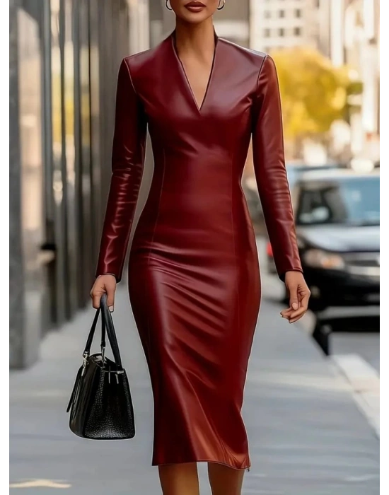 Kadın Uzun Kollu V Yakalı Deri Midi Elbise