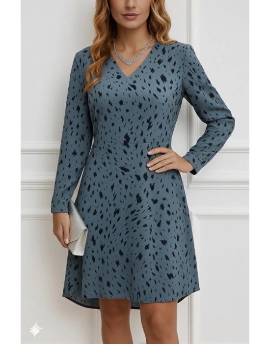 Kadın Uzun Kollu V Yakalı Desenli Kısa Keten Elbise