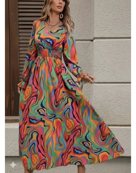 Kadın Uzun Kollu V Yakalı Desenli Maxi Süprem Elbise