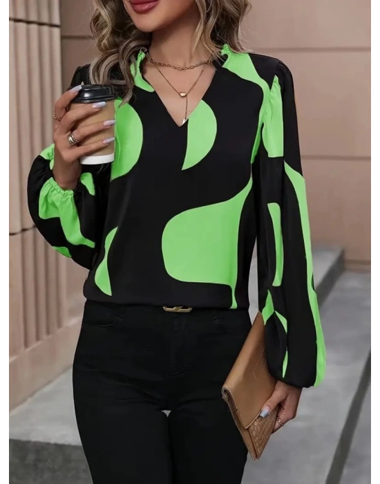 Kadın Uzun Kollu V Yakalı Desenli Modal Bluz