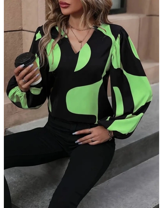 Kadın Uzun Kollu V Yakalı Desenli Modal Bluz