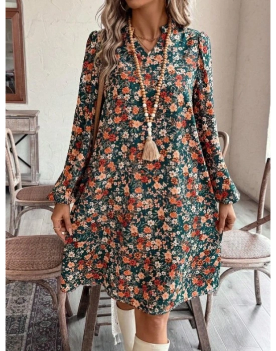 Kadın Uzun Kollu V Yakalı Desenli Modal Mini Elbise