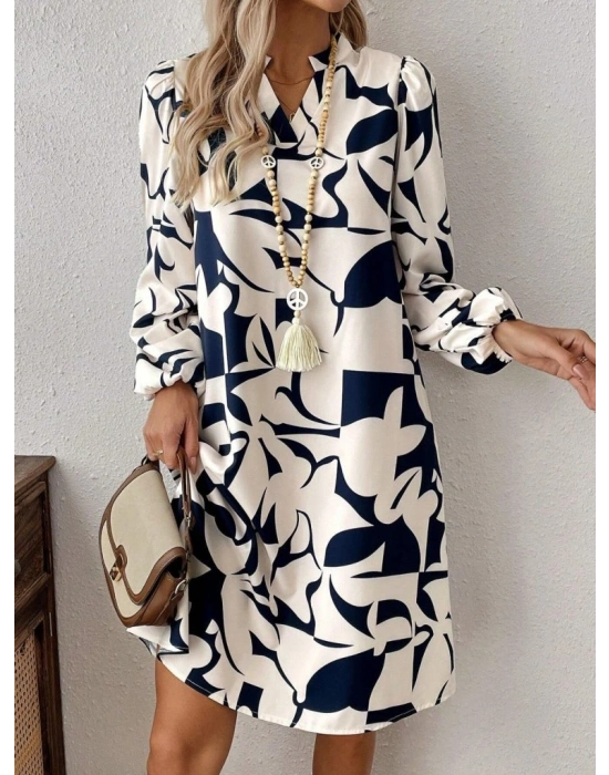 Kadın Uzun Kollu V Yakalı Desenli Modal Mini Elbise