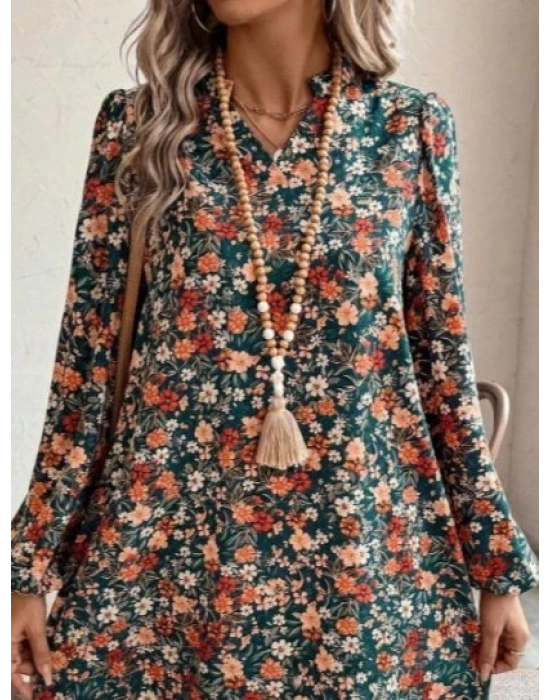 Kadın Uzun Kollu V Yakalı Desenli Modal Mini Elbise