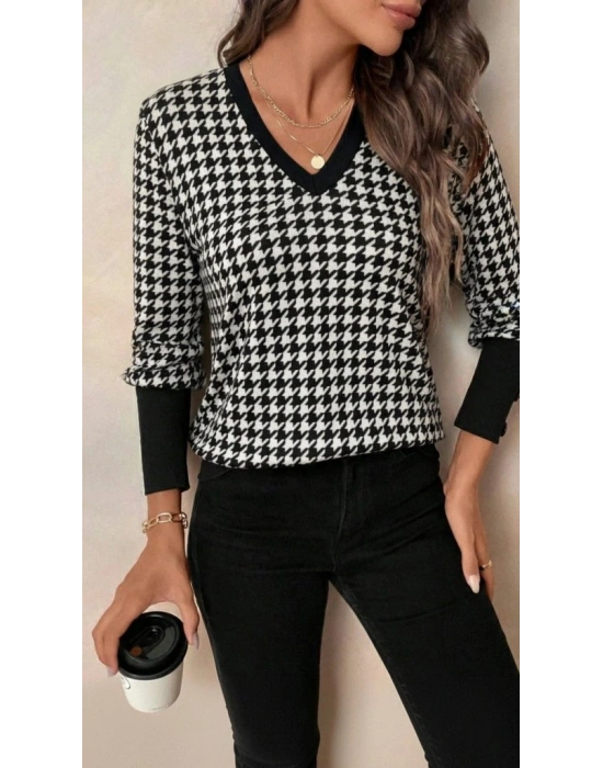 Kadın Uzun Kollu V Yakalı Desenli Süprem Bluz