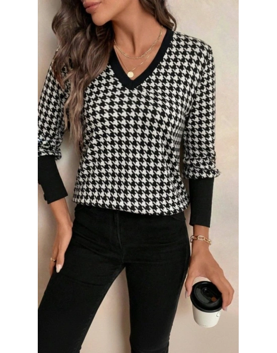 Kadın Uzun Kollu V Yakalı Desenli Süprem Bluz