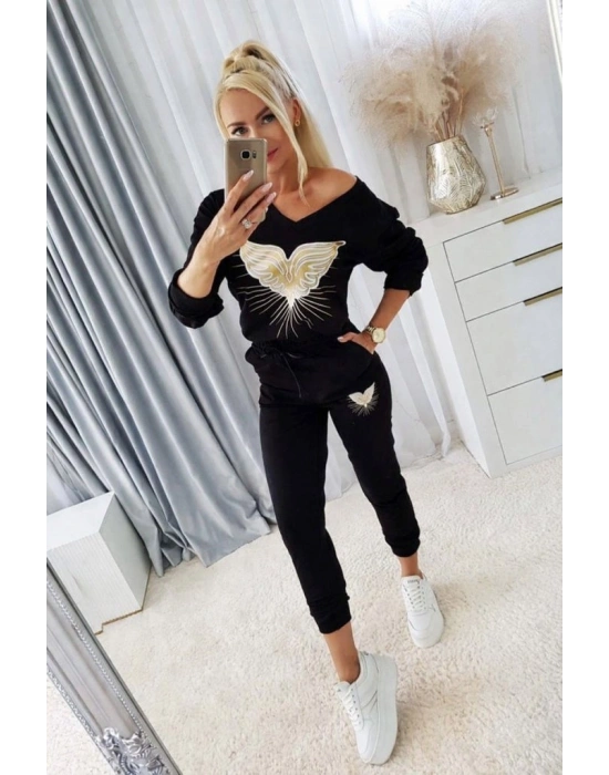 Kadın Uzun Kollu V Yakalı Desenli Viskon Iki Iplik Bluz Ve Pantolon Ikili Takım