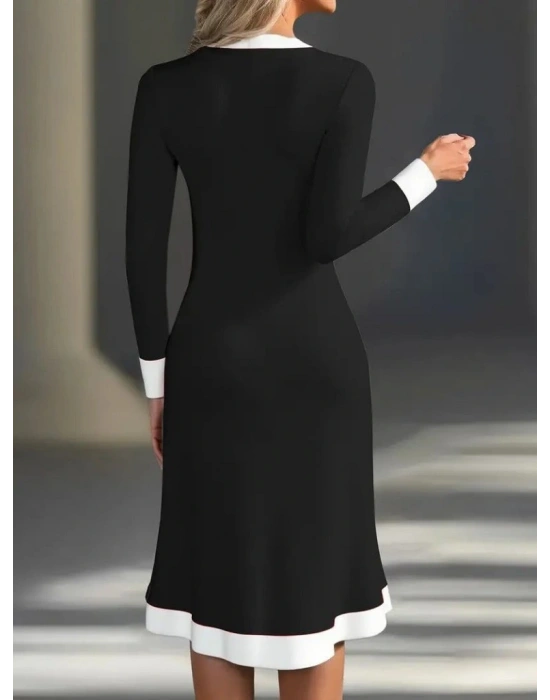 Kadın Uzun Kollu V Yakalı Düğmeli Midi Modal Elbise