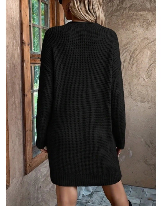 Kadın Uzun Kollu V Yakalı Düğmeli Mini Triko Elbise