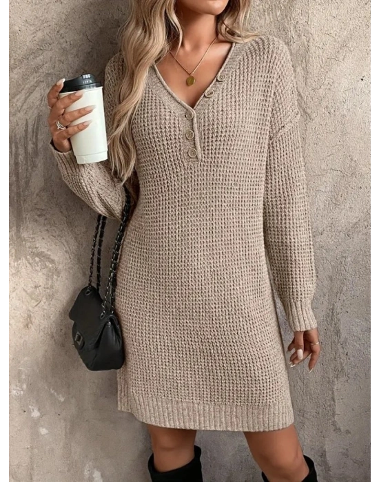 Kadın Uzun Kollu V Yakalı Düğmeli Mini Triko Taş Renkli Elbise