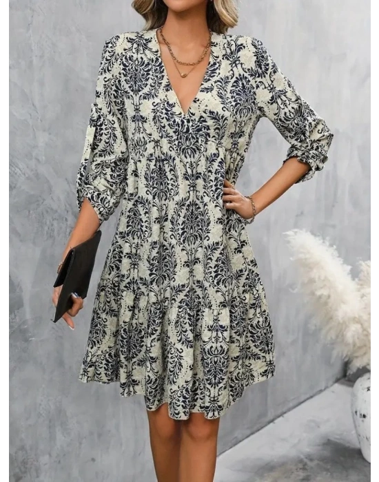 Kadın Uzun Kollu V Yakalı Fırfırlı Mini Süprem Elbise