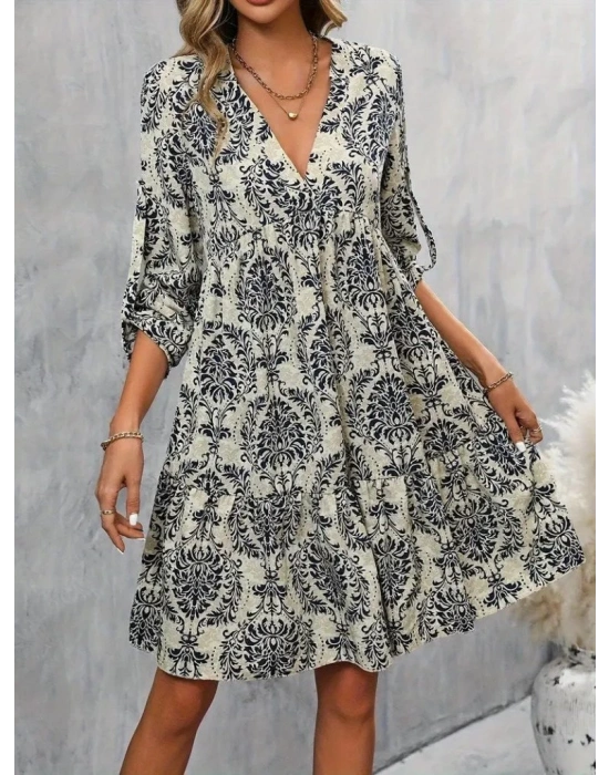 Kadın Uzun Kollu V Yakalı Fırfırlı Mini Süprem Elbise