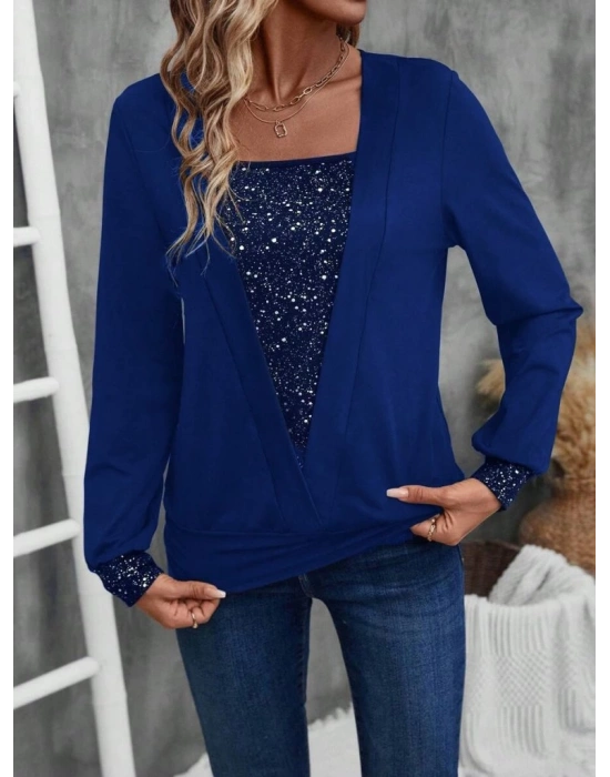 Kadın Uzun Kollu V Yakalı Içi Süprem Desenli Dışı Viskon Bluz