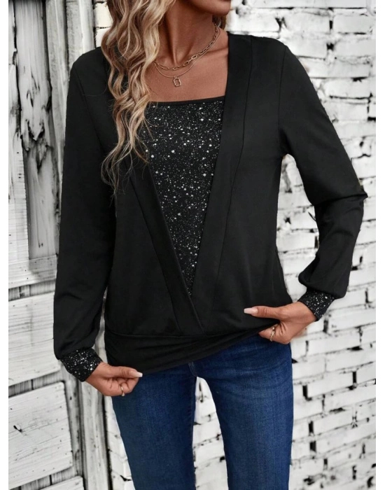 Kadın Uzun Kollu V Yakalı Içi Süprem Desenli Dışı Viskon Bluz