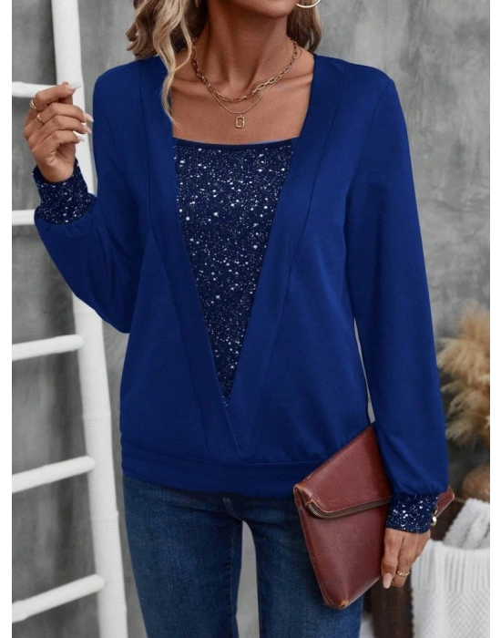 Kadın Uzun Kollu V Yakalı Içi Süprem Desenli Dışı Viskon Bluz