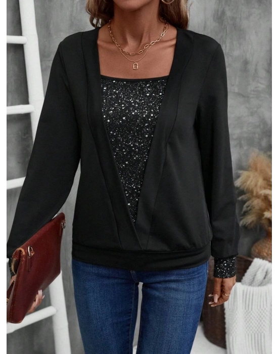 Kadın Uzun Kollu V Yakalı Içi Süprem Desenli Dışı Viskon Bluz