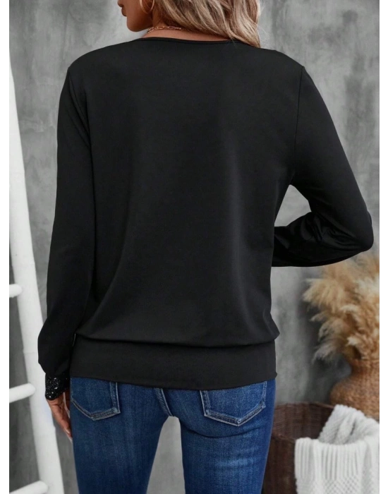 Kadın Uzun Kollu V Yakalı Içi Süprem Desenli Dışı Viskon Bluz