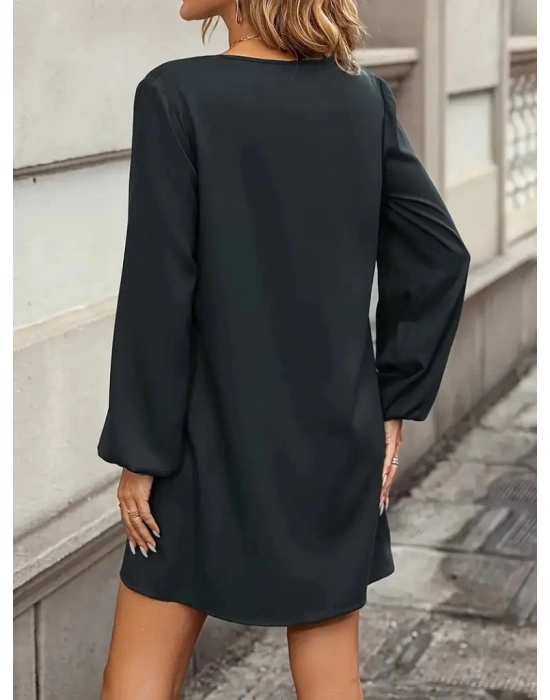 Kadın Uzun Kollu V Yakalı Kalp Desenli Mini Ithal Krep Elbise