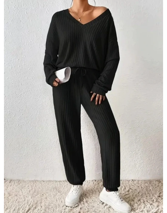 Kadın Uzun Kollu V Yakalı Kaşkorse Bluz Ve Pantolon Ikili Takım