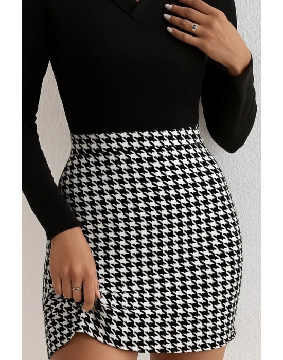 Kadın Uzun Kollu V Yakalı Kaz Ayağı Desenli şardonlu Dalgıç Elbise