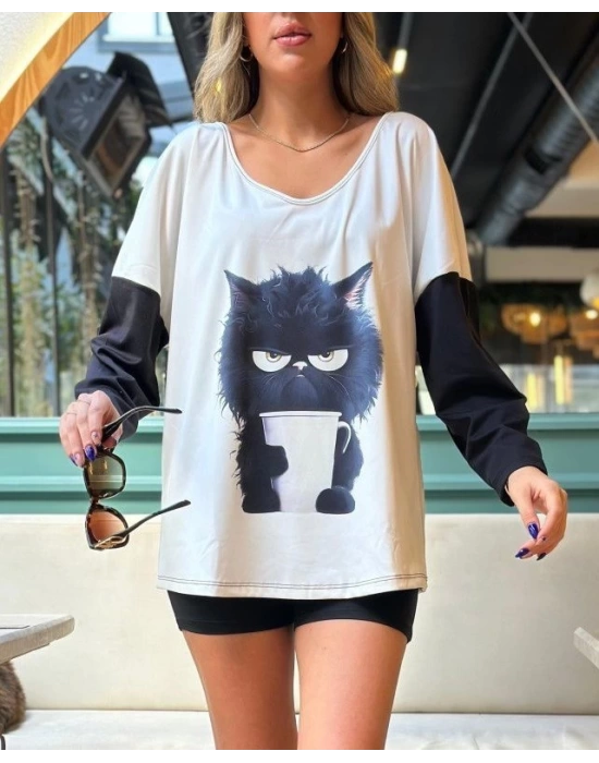 Kadın Uzun Kollu V Yakalı Kedi Baskılı şardonlu Dalgıç Bluz