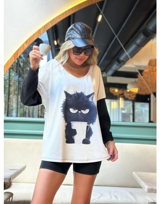 Kadın Uzun Kollu V Yakalı Kedi Baskılı şardonlu Dalgıç Bluz