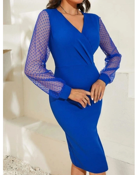 Kadın Uzun Kollu V Yakalı Kollar Puantiyeli Beli Kuşaklı Midi Krep Elbise